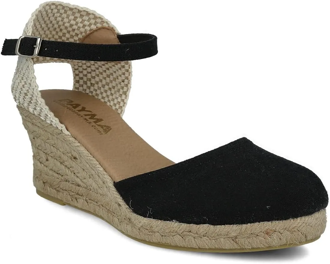 Wedge Sandals for Women. Made in Spain. Classic 5 Strings Height. Jute Espadrille with Buckle. Padded Fabric Insole. Rubber Outsole.
