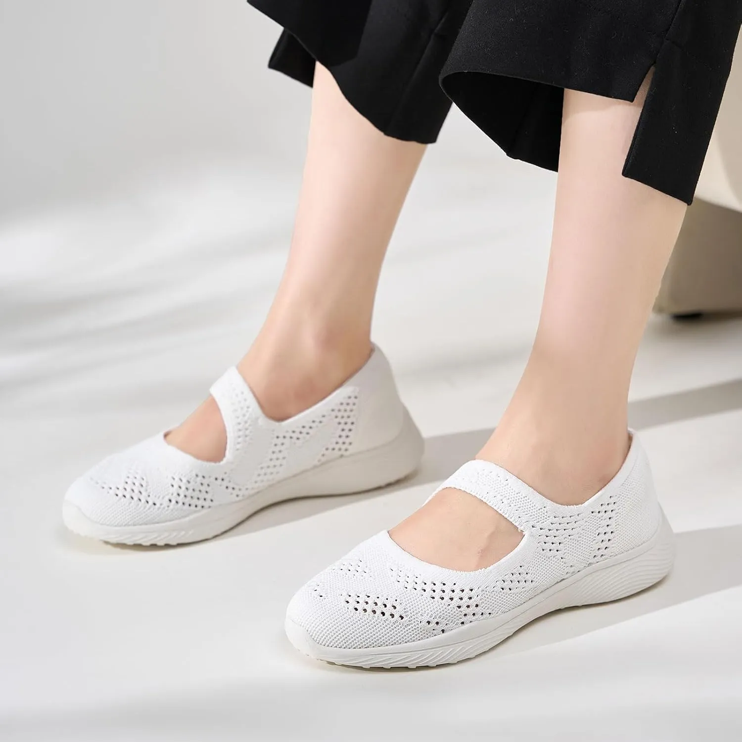 Women Mary Jane Shoes Slip On Walking Flats Comfortable Dressy Knit Washable Casual Nurse Shoe with Arch Support