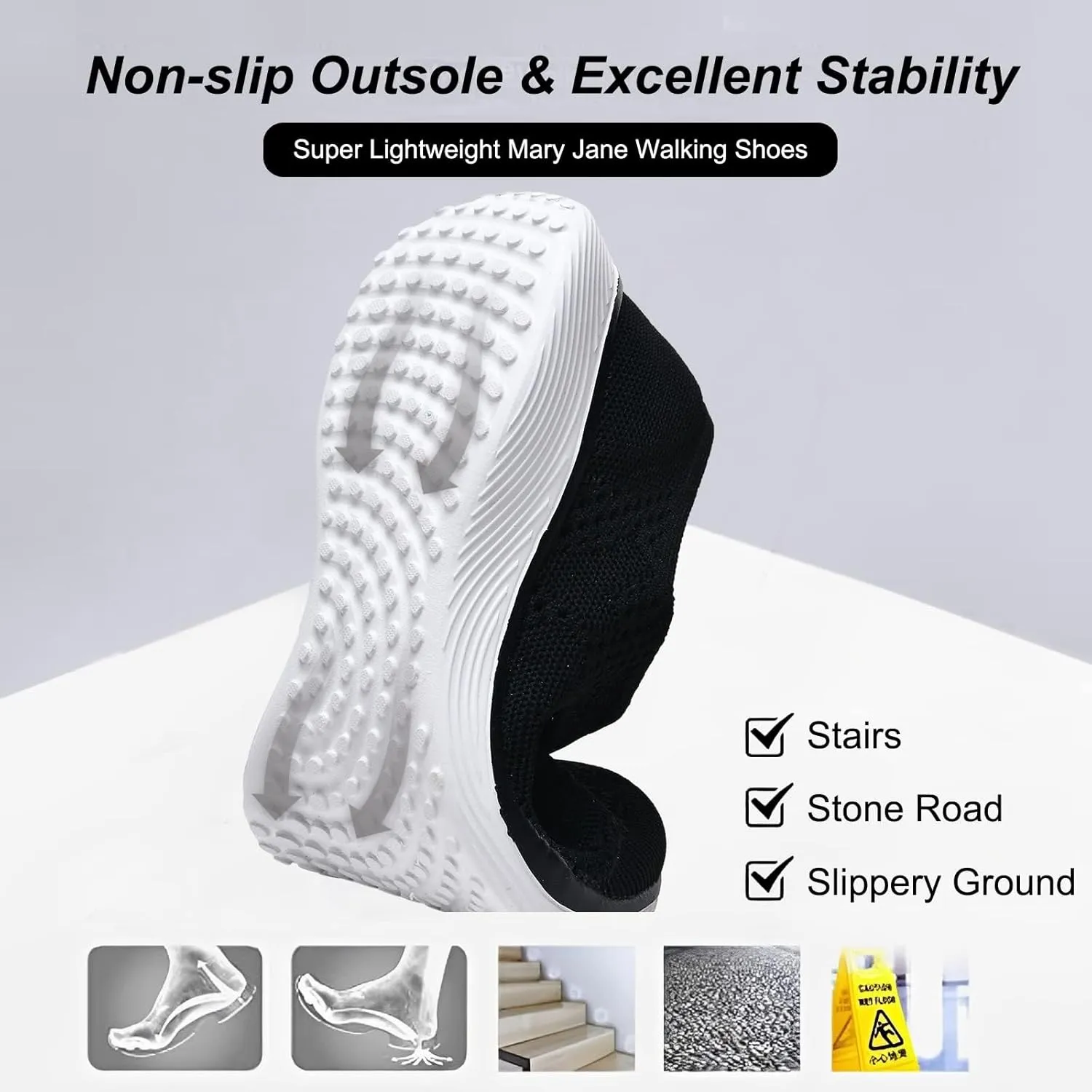 Women Mary Jane Shoes Slip On Walking Flats Comfortable Dressy Knit Washable Casual Nurse Shoe with Arch Support