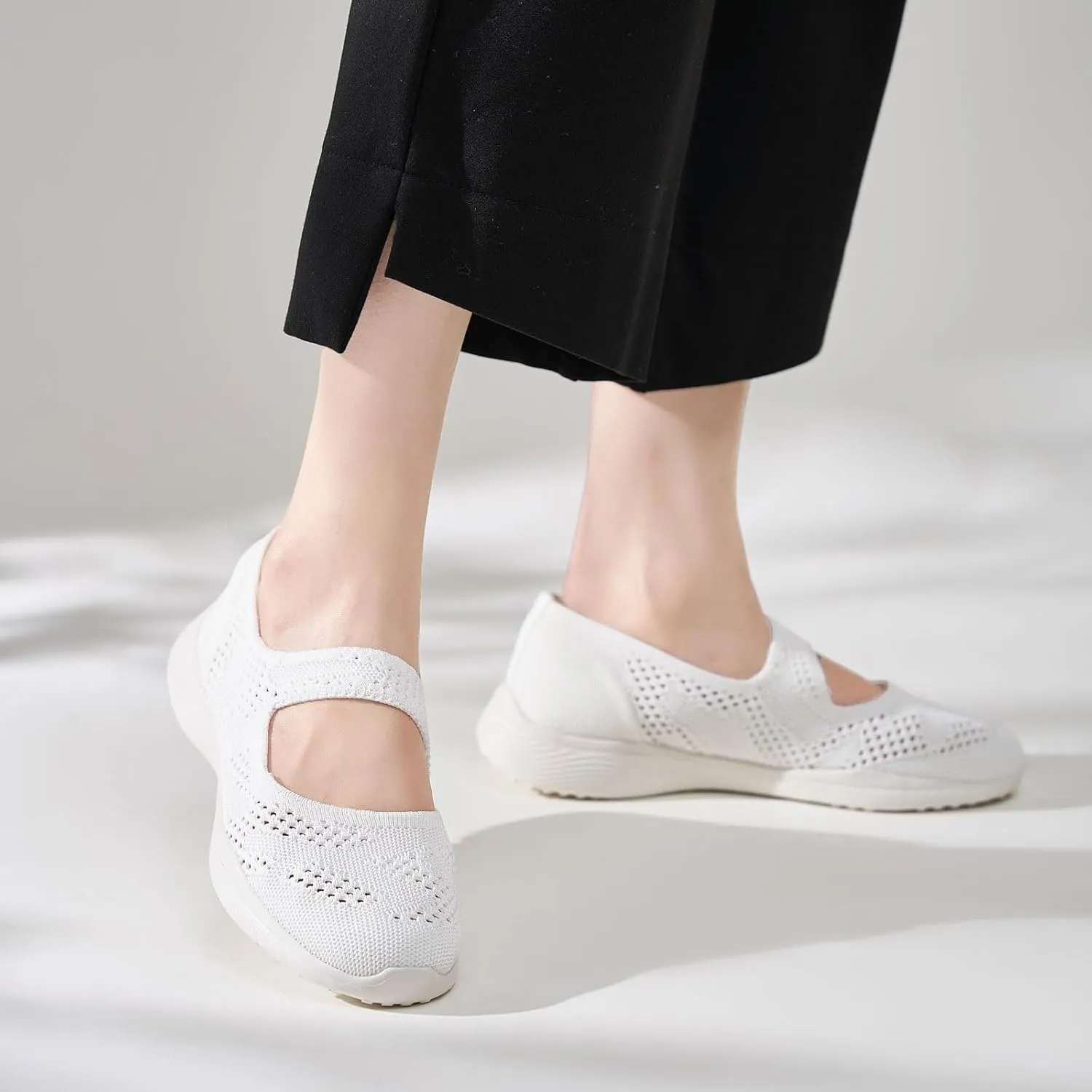 Women Mary Jane Shoes Slip On Walking Flats Comfortable Dressy Knit Washable Casual Nurse Shoe with Arch Support