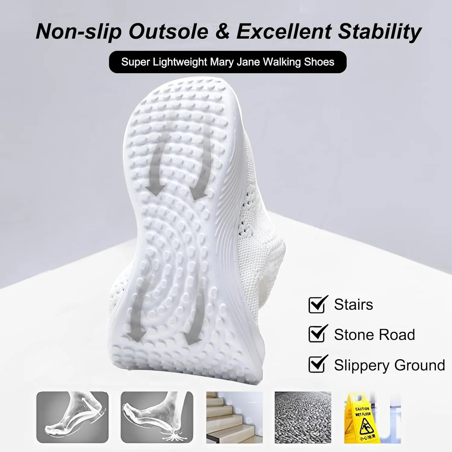 Women Mary Jane Shoes Slip On Walking Flats Comfortable Dressy Knit Washable Casual Nurse Shoe with Arch Support