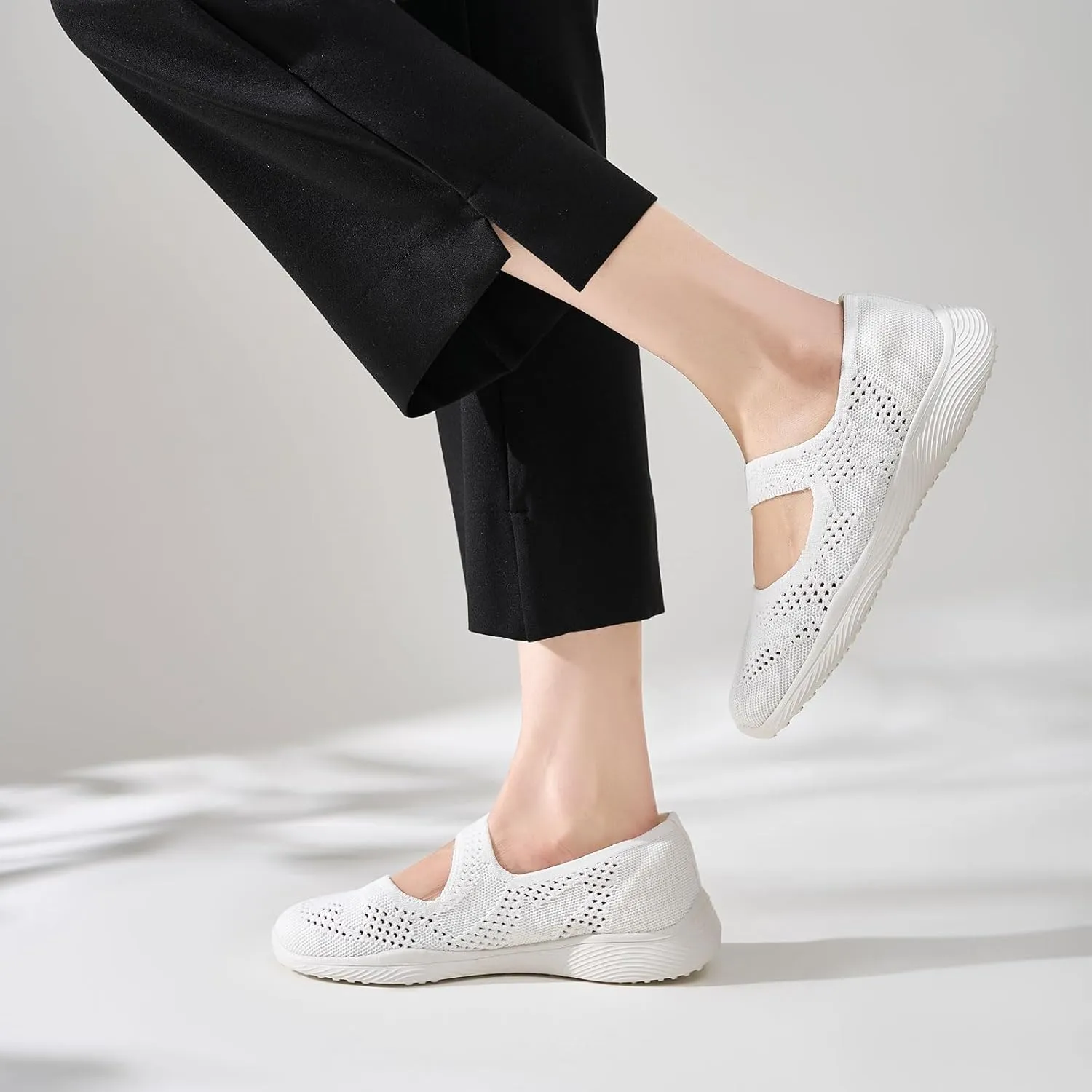 Women Mary Jane Shoes Slip On Walking Flats Comfortable Dressy Knit Washable Casual Nurse Shoe with Arch Support