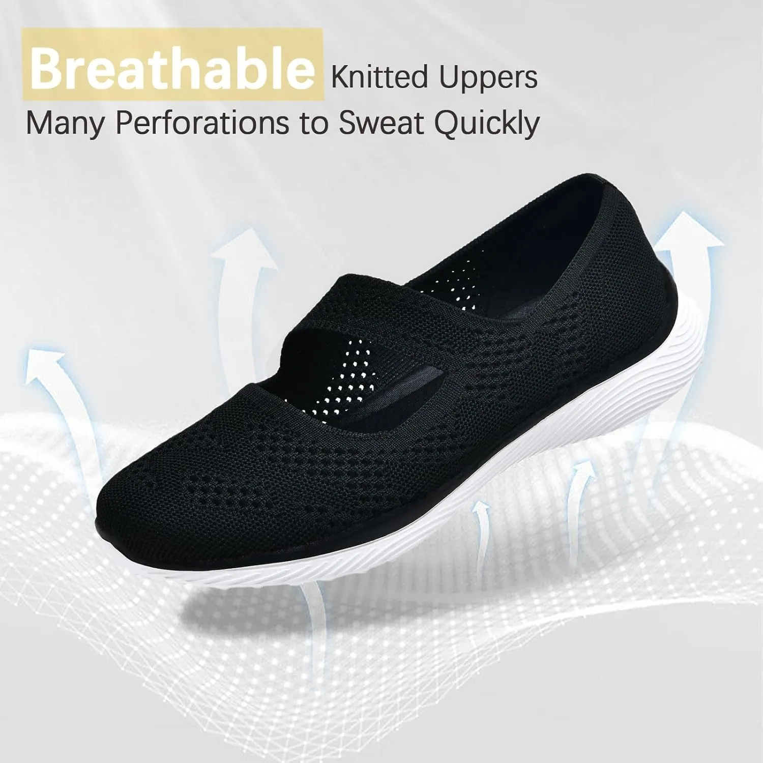 Women Mary Jane Shoes Slip On Walking Flats Comfortable Dressy Knit Washable Casual Nurse Shoe with Arch Support