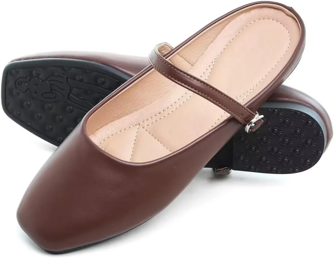Women Mules Elegant Dressy Flats Closed Toe Microfiber Leather Shoes Adjustable Buckle Strap Mary Jane Casual Office Shoes