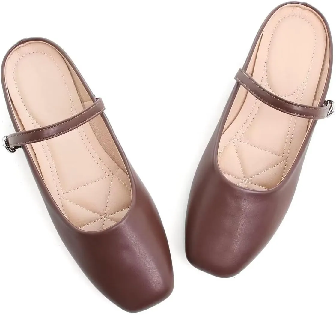 Women Mules Elegant Dressy Flats Closed Toe Microfiber Leather Shoes Adjustable Buckle Strap Mary Jane Casual Office Shoes