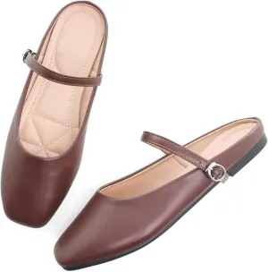 Women Mules Elegant Dressy Flats Closed Toe Microfiber Leather Shoes Adjustable Buckle Strap Mary Jane Casual Office Shoes