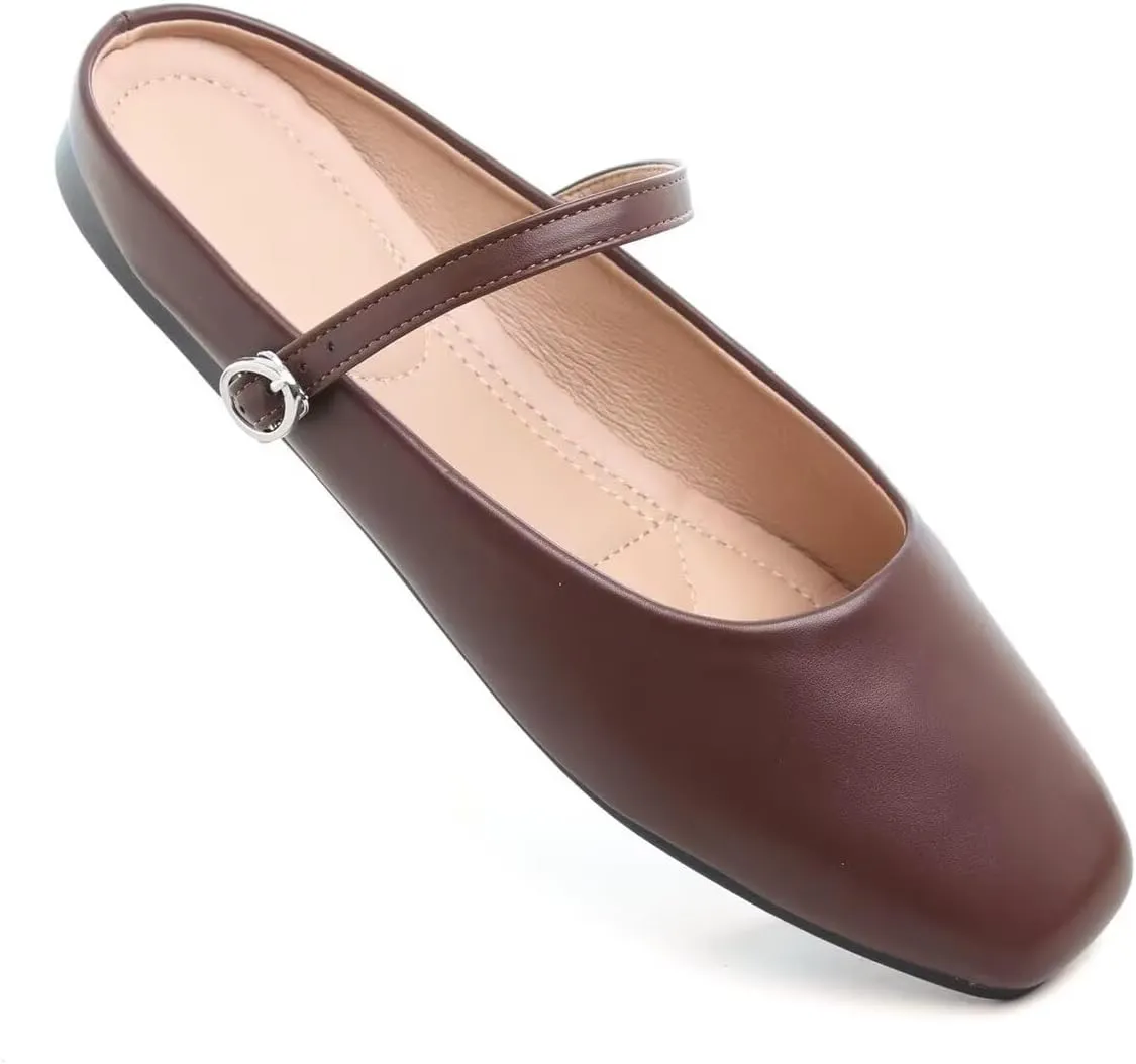 Women Mules Elegant Dressy Flats Closed Toe Microfiber Leather Shoes Adjustable Buckle Strap Mary Jane Casual Office Shoes
