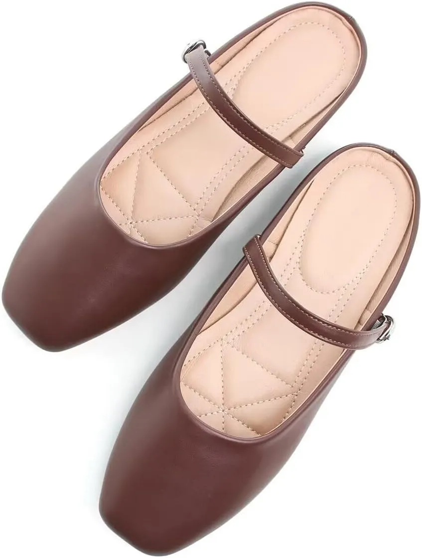 Women Mules Elegant Dressy Flats Closed Toe Microfiber Leather Shoes Adjustable Buckle Strap Mary Jane Casual Office Shoes