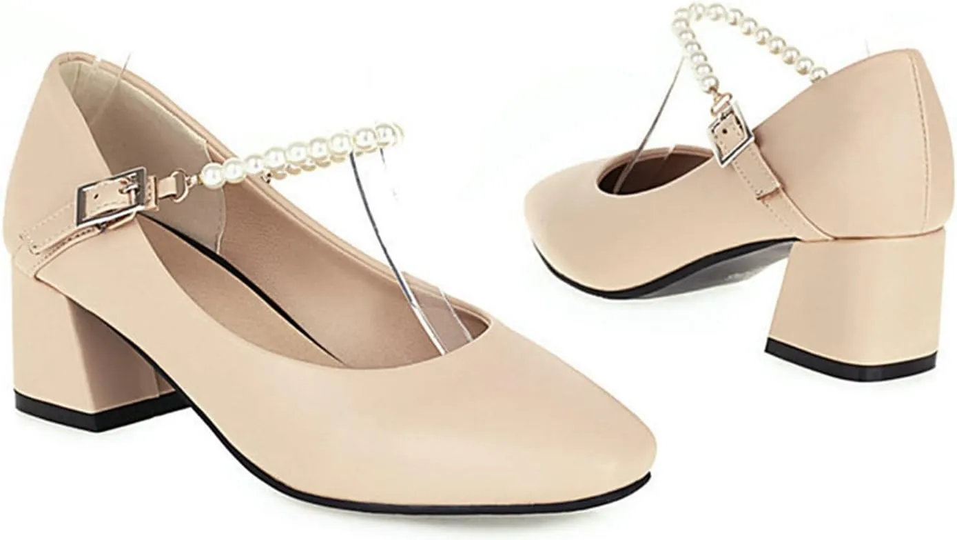 Women Pearl Strap Fashion Pumps Square Toe Slip On Buckle Comfy Chunky Mid Heel Dress Party Shoes