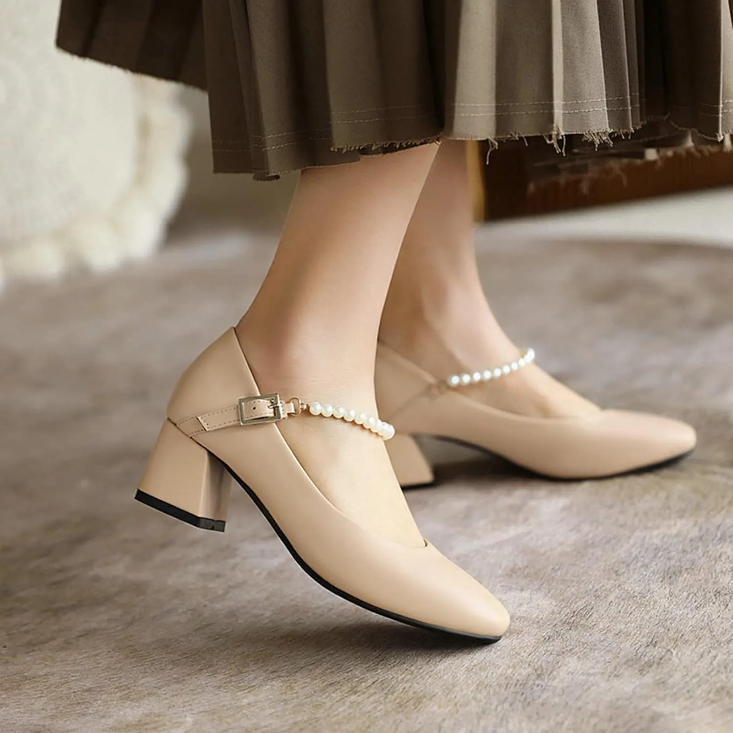 Women Pearl Strap Fashion Pumps Square Toe Slip On Buckle Comfy Chunky Mid Heel Dress Party Shoes