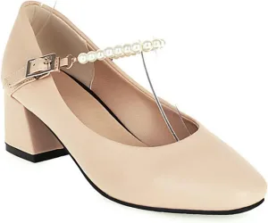 Women Pearl Strap Fashion Pumps Square Toe Slip On Buckle Comfy Chunky Mid Heel Dress Party Shoes
