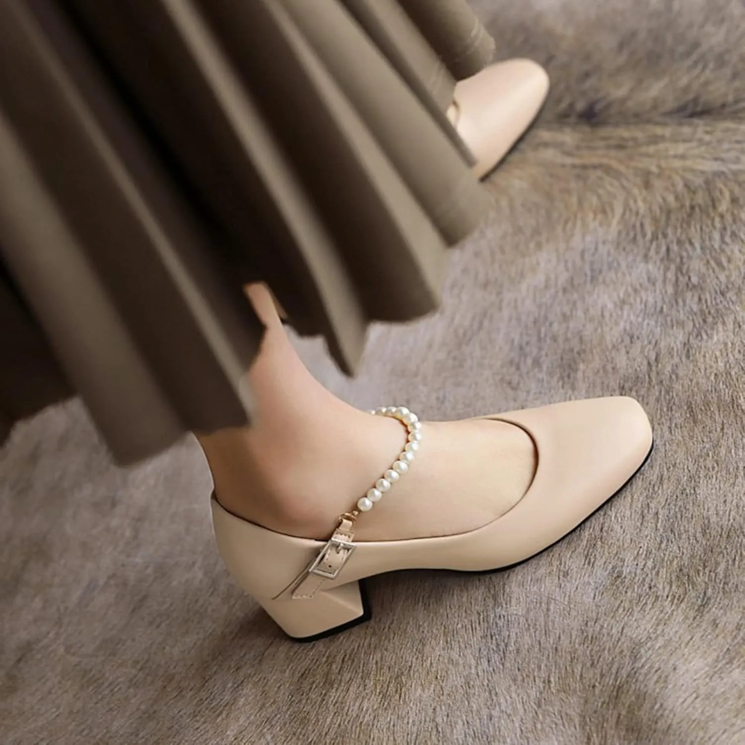 Women Pearl Strap Fashion Pumps Square Toe Slip On Buckle Comfy Chunky Mid Heel Dress Party Shoes
