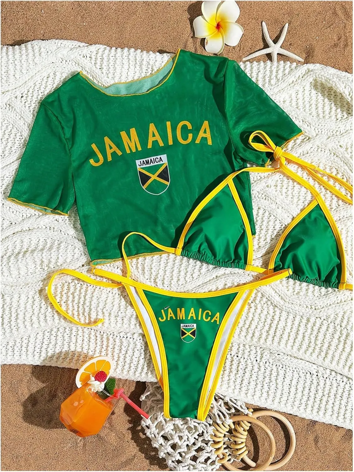 Women's 3 Piece Brasil Print Swimsuit Tie Backless Halter Bikini Set with Cover Up Tops