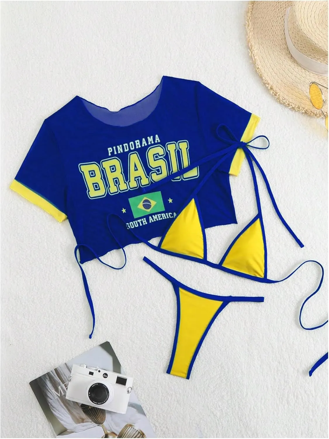 Women's 3 Piece Brasil Print Swimsuit Tie Backless Halter Bikini Set with Cover Up Tops