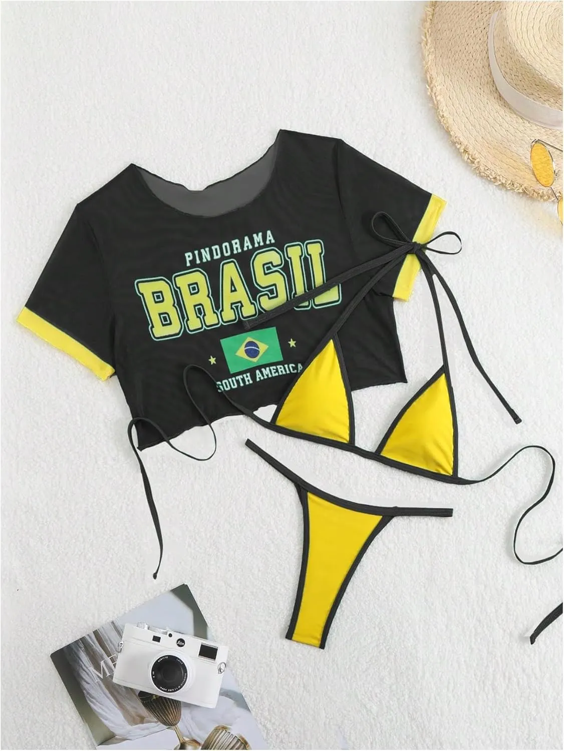 Women's 3 Piece Brasil Print Swimsuit Tie Backless Halter Bikini Set with Cover Up Tops