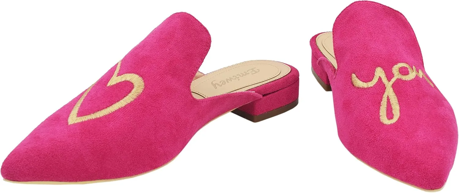 Women's Backless Comfort Slip On Casual Flats Embroidery Mule Slippers Shoes