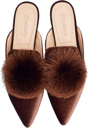 Women's Backless Comfort Slip On Loafers Flats Cute Pom Pom Mule Slippers Casual Shoes
