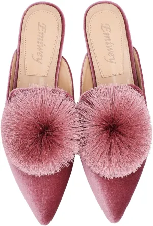 Women's Backless Comfort Slip On Loafers Flats Cute Pom Pom Mule Slippers Casual Shoes