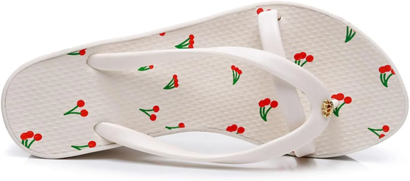 Women's Beach Sandals, Womens Flip Flop Slip on Platform Sandals, Cherries Platform Flip Flops,Open Toe Wedge Sandals (White,8.5)