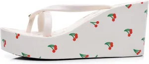 Women's Beach Sandals, Womens Flip Flop Slip on Platform Sandals, Cherries Platform Flip Flops,Open Toe Wedge Sandals (White,8.5)