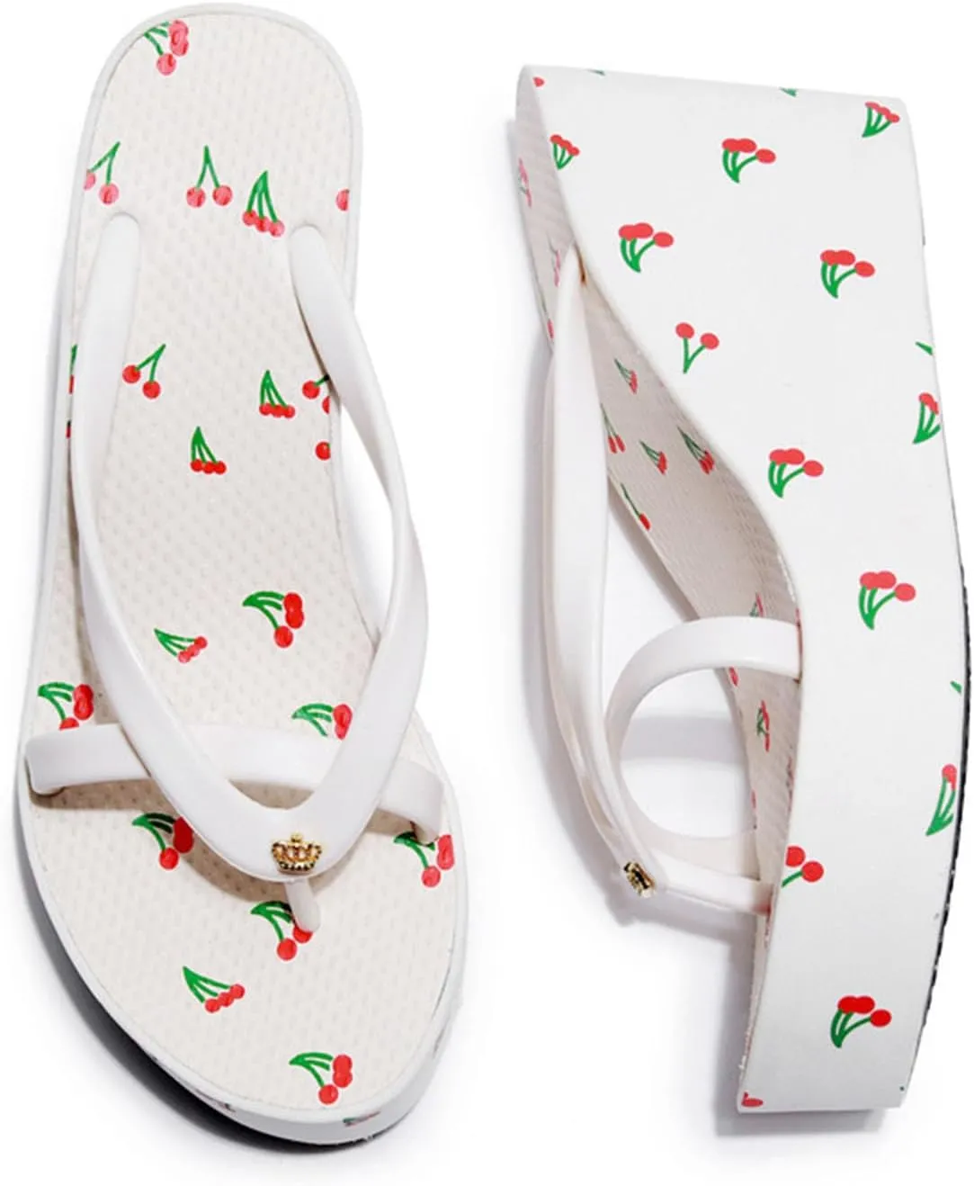 Women's Beach Sandals, Womens Flip Flop Slip on Platform Sandals, Cherries Platform Flip Flops,Open Toe Wedge Sandals (White,8.5)