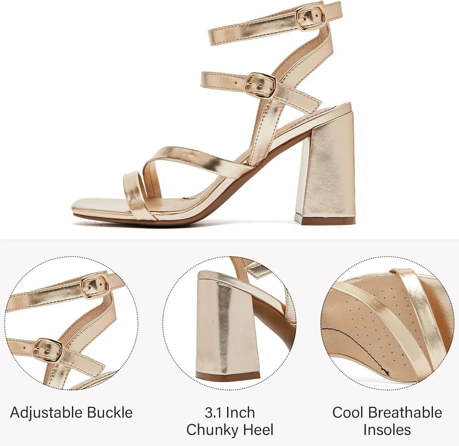 Women's Chunky Heeled Sandals - Square Open Toe Ankle Strappy Dressy Pump Heels Wedding Party Shoes for Women.