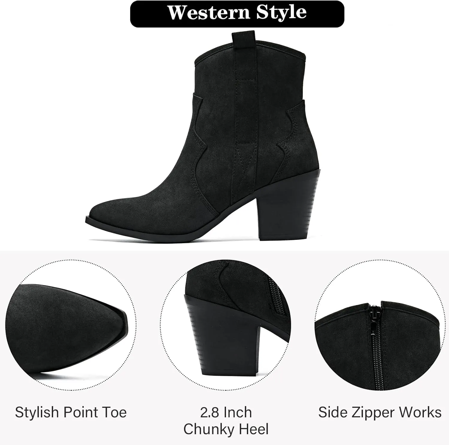 Women's Cowboy Ankle Boots Western Cowgirl Chunky Heeled Booties Classic Casual Comfortable Low Mid Heel Short Boots for Women.