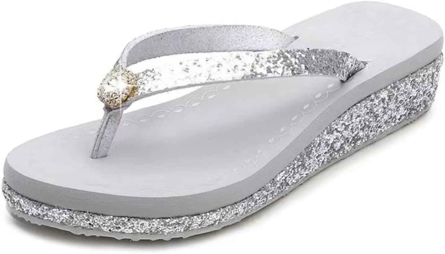 Women's Crystal Sequin Low Heel Flip Flops, Summer Arch Support Flip Flop Sandals, Non Slip Glitter Sequin Flip Flops.