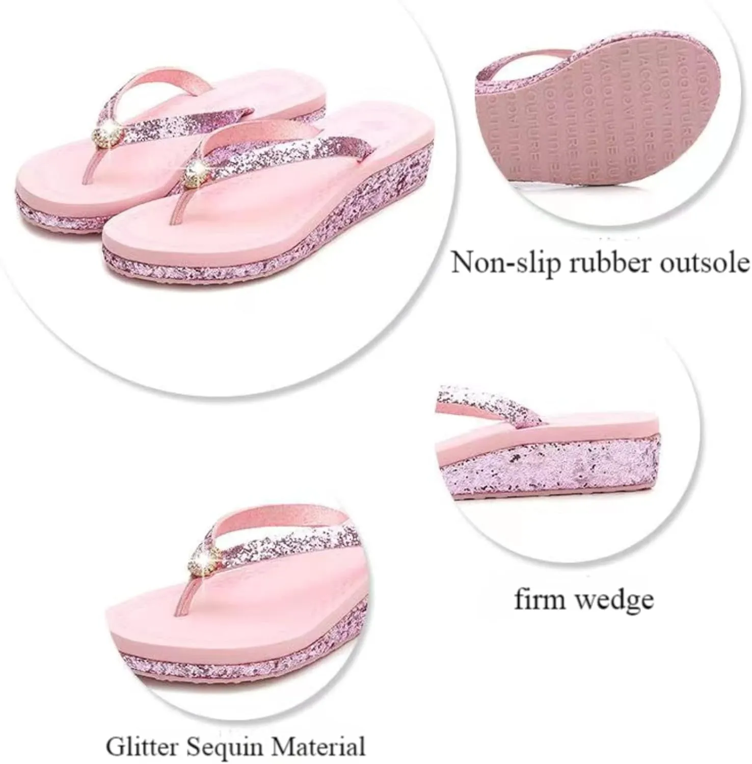 Women's Crystal Sequin Low Heel Flip Flops, Summer Arch Support Flip Flop Sandals, Non Slip Glitter Sequin Flip Flops.