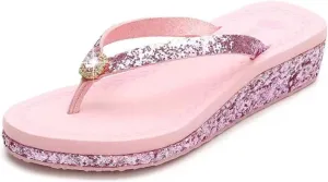 Women's Crystal Sequin Low Heel Flip Flops, Summer Arch Support Flip Flop Sandals, Non Slip Glitter Sequin Flip Flops.