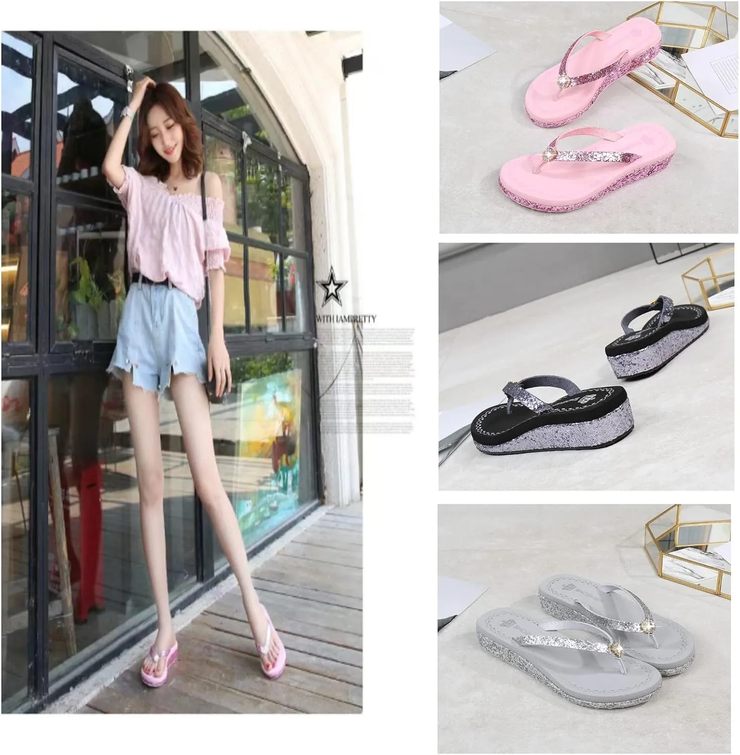 Women's Crystal Sequin Low Heel Flip Flops, Summer Arch Support Flip Flop Sandals, Non Slip Glitter Sequin Flip Flops.