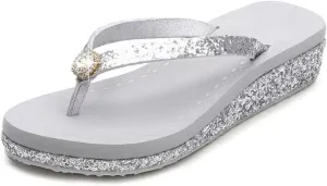 Women's Crystal Sequin Low Heel Flip Flops, Summer Arch Support Flip Flop Sandals, Non Slip Glitter Sequin Flip Flops.