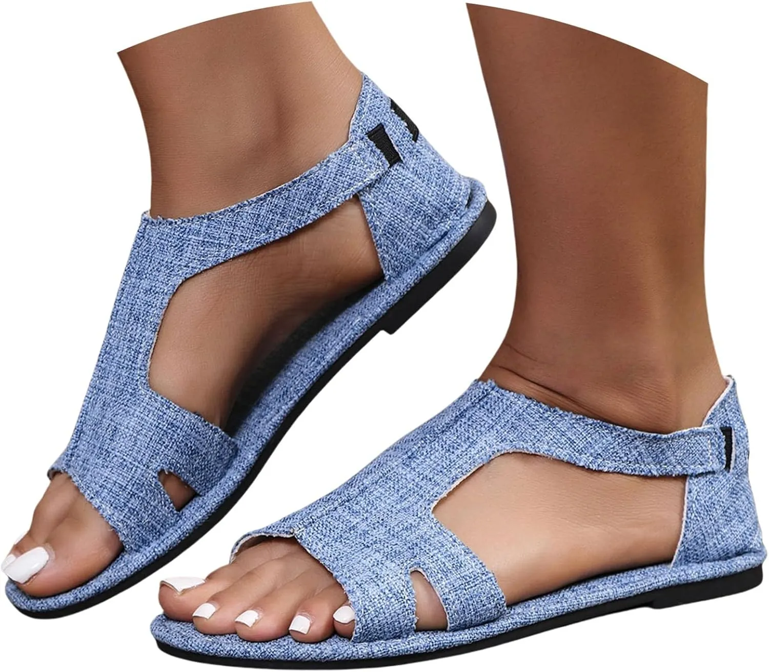 Women's Denim Sandals s Cute Dressy Open Toe Slip on Flats Sandal Summer Cut Out Slides Fashion Fish Mouth Dress Shoes