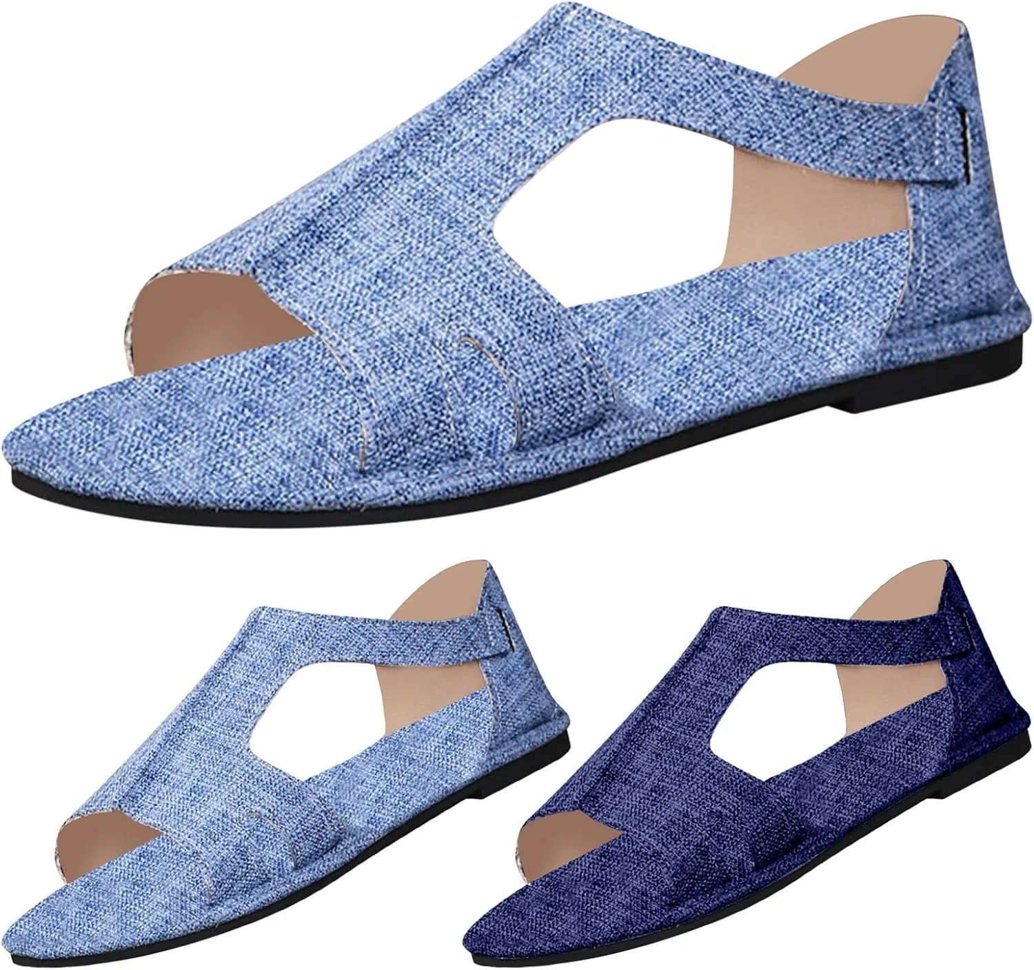 Women's Denim Sandals s Cute Dressy Open Toe Slip on Flats Sandal Summer Cut Out Slides Fashion Fish Mouth Dress Shoes