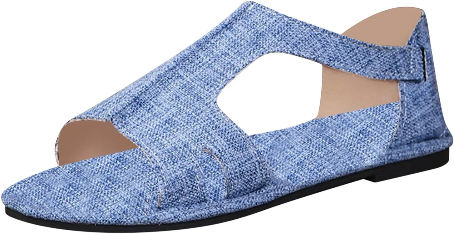 Women's Denim Sandals s Cute Dressy Open Toe Slip on Flats Sandal Summer Cut Out Slides Fashion Fish Mouth Dress Shoes
