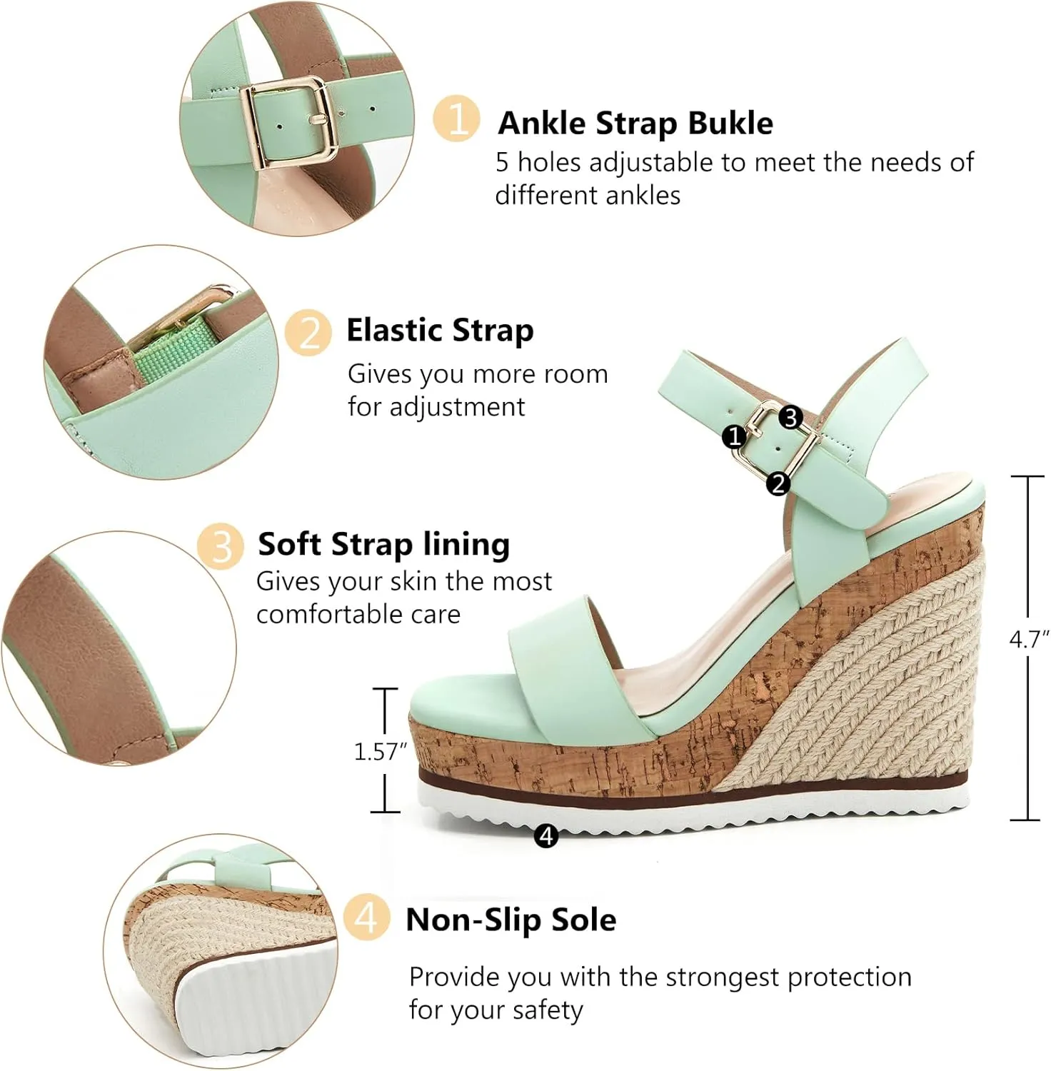 Women's Espadrille Wedge Platform Sandals Open Toe Ankle Buckle Strap Casual Summer Shoes
