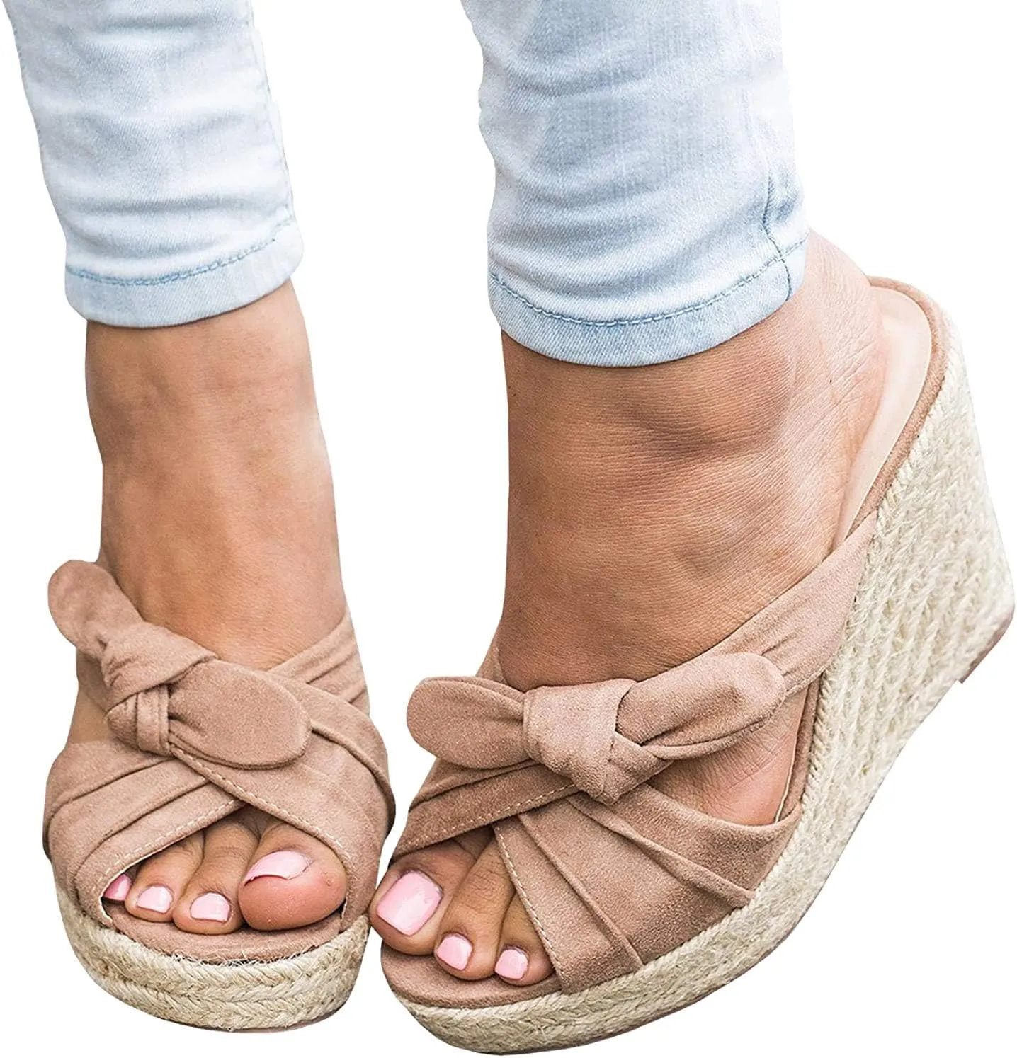 Womens Espadrilles Wedge Sandals Slides Platform Slip on Bow Knot Open Toe Summer Mules Shoes