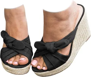 Womens Espadrilles Wedge Sandals Slides Platform Slip on Bow Knot Open Toe Summer Mules Shoes
