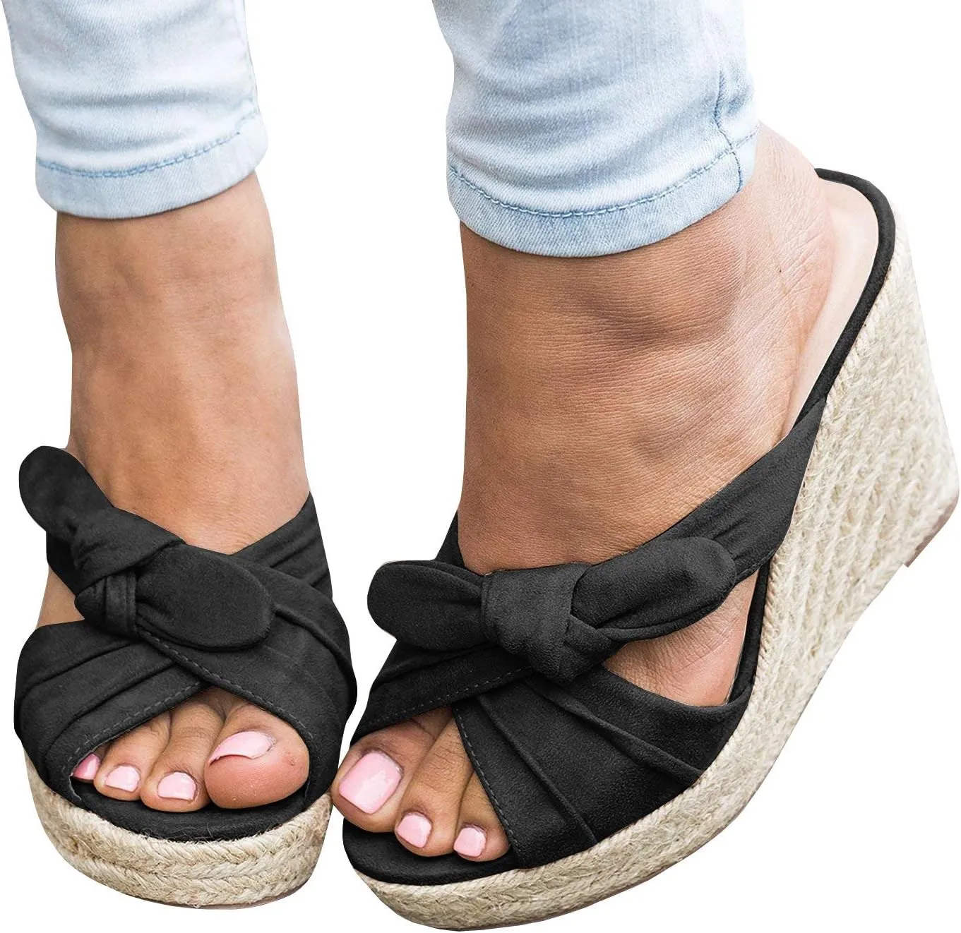 Womens Espadrilles Wedge Sandals Slides Platform Slip on Bow Knot Open Toe Summer Mules Shoes