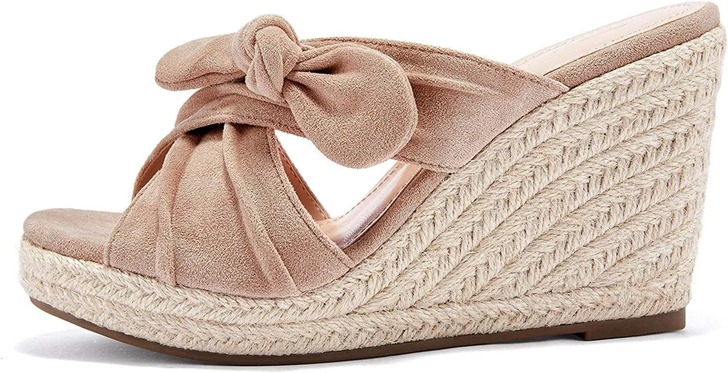 Womens Espadrilles Wedge Sandals Slides Platform Slip on Bow Knot Open Toe Summer Mules Shoes