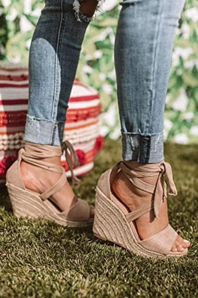 Womens Espadrilles Wedges Sandals Heels Open Toe Tie Lace Up Platform Ankle Strap Summer Dress Shoes