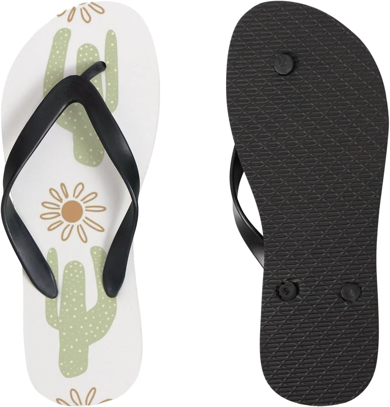Womens Flip Flops for Summer Beach - Cute Cactus and Sunflower Casual Slide Flat Sandals Thong Slippers