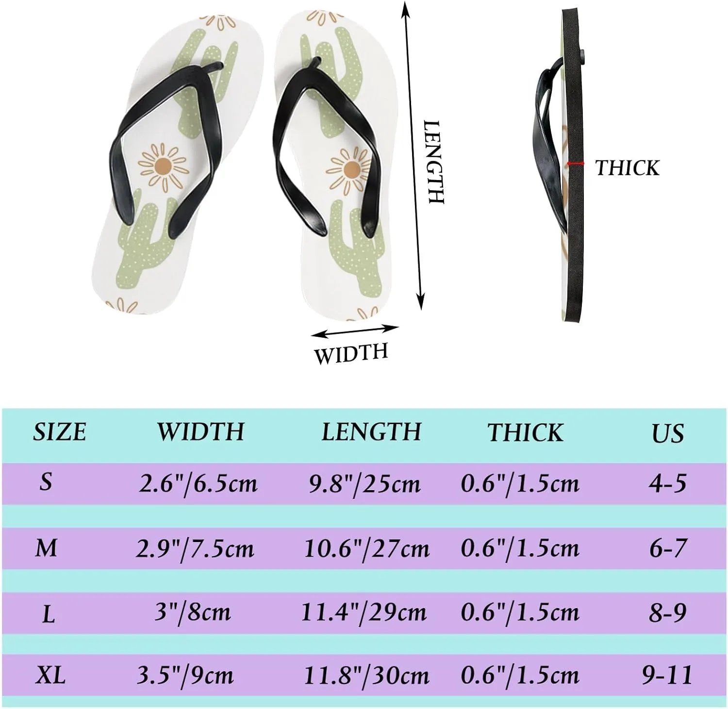 Womens Flip Flops for Summer Beach - Cute Cactus and Sunflower Casual Slide Flat Sandals Thong Slippers