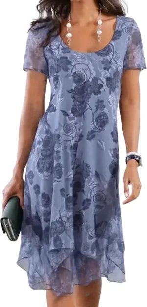 Women's Fresh Print Round Neck Short Sleeve A-Line Mini Dress, Elegant Floral Print Lace Term Flowy Smocked Dress