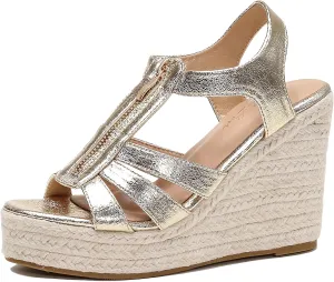 Womens Front Zipper Espadrille Wedge Sandals Dressy, High Heel Platform Sandals Open Toe Slingback, Comfy Sexy Summer Wedges Sandals