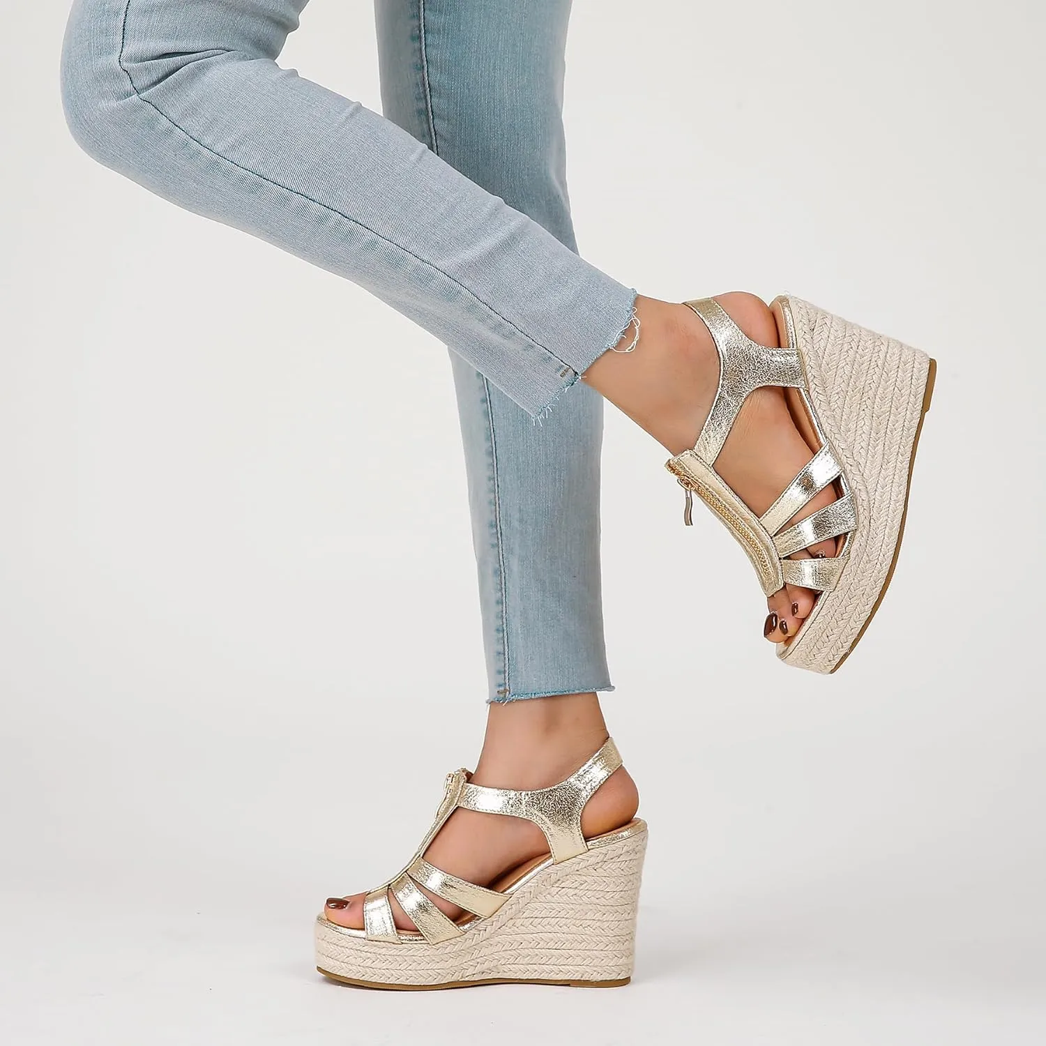 Womens Front Zipper Espadrille Wedge Sandals Dressy, High Heel Platform Sandals Open Toe Slingback, Comfy Sexy Summer Wedges Sandals