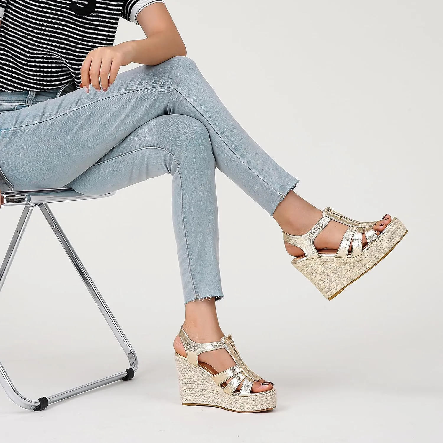Womens Front Zipper Espadrille Wedge Sandals Dressy, High Heel Platform Sandals Open Toe Slingback, Comfy Sexy Summer Wedges Sandals