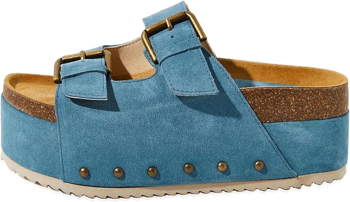 Womens Genuine Leather Cork Platform Sandals Adjustable Buckle Straps Band Suede Clogs Platform Slip on Flatform Sandals