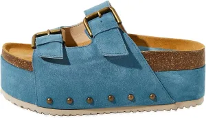 Womens Genuine Leather Cork Platform Sandals Adjustable Buckle Straps Band Suede Clogs Platform Slip on Flatform Sandals