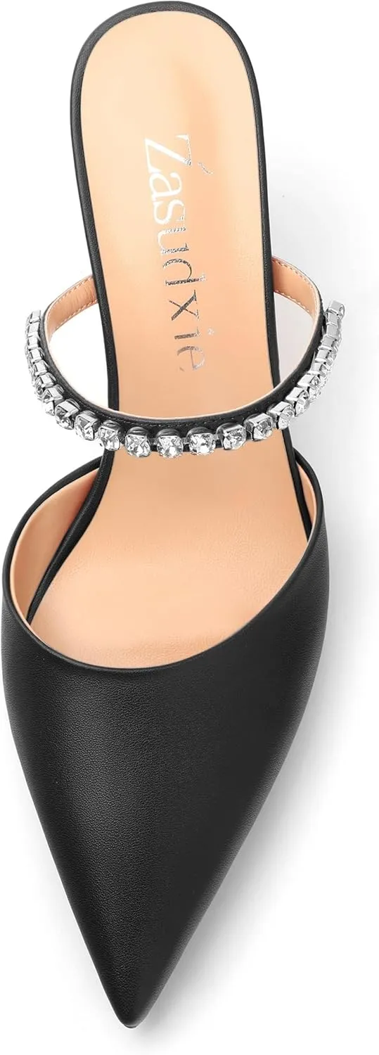 Women's Heeled Mules Rhinestone Strap Pointed Toe Pumps Stiletto Mid Heels Slip On Wedding Party Sandals for Women 2.5 Inch